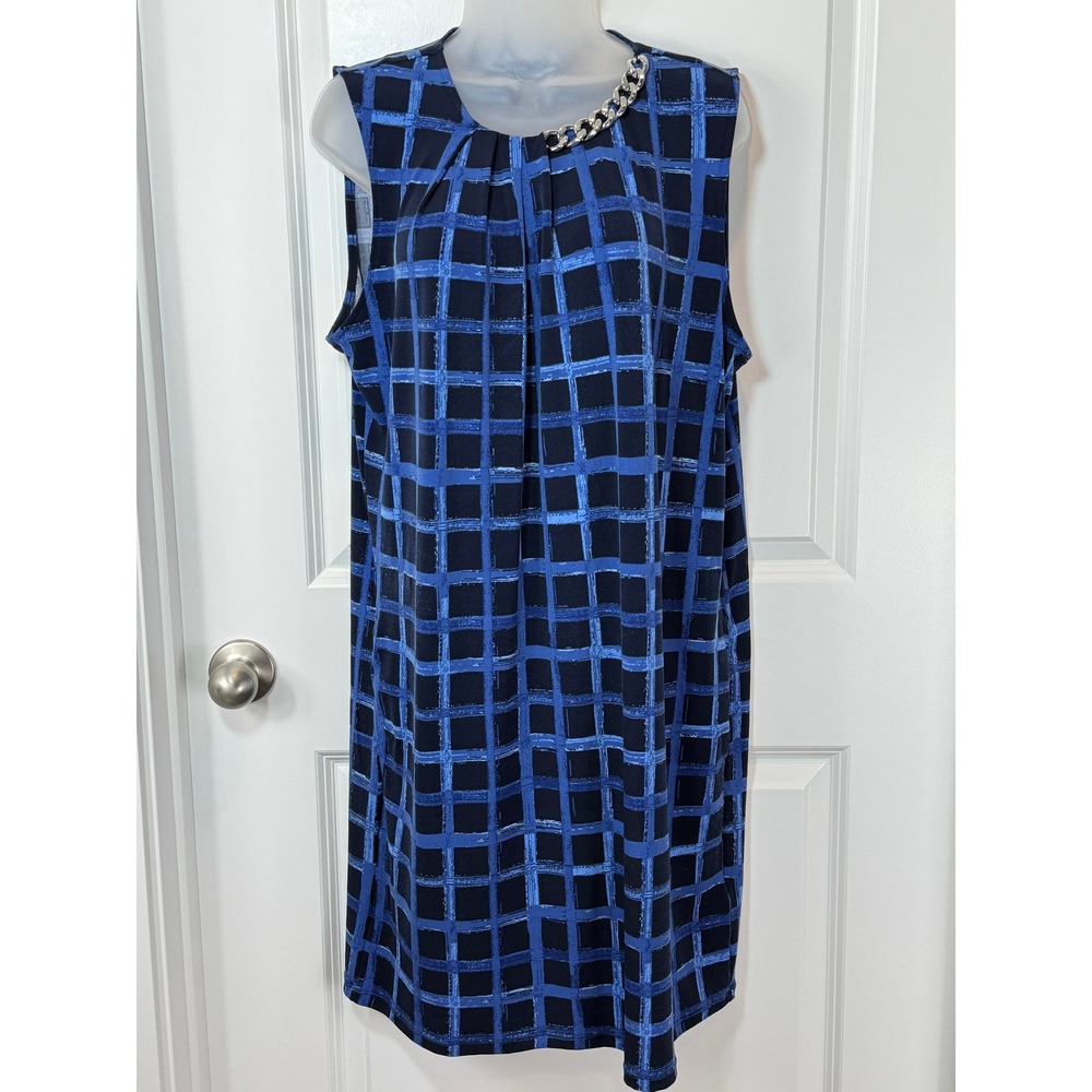Michael Kors Sleeveless Dress Blue Plaid‎ Chain Neckline Large Designer L Chic